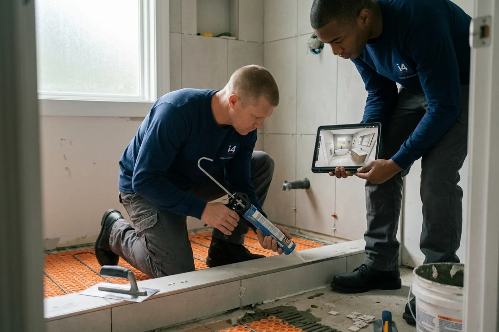 Master bathroom remodel — i4improvements technicians completing a spa-style wet-room install in a D.C. primary suite.