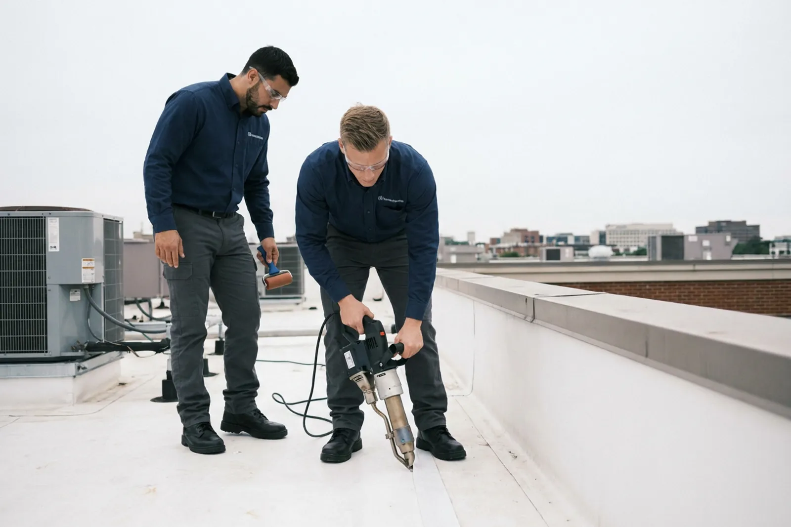 Commercial roofing — i4improvements technicians heat-welding a white TPO membrane seam on a DMV flat commercial rooftop with HVAC units.