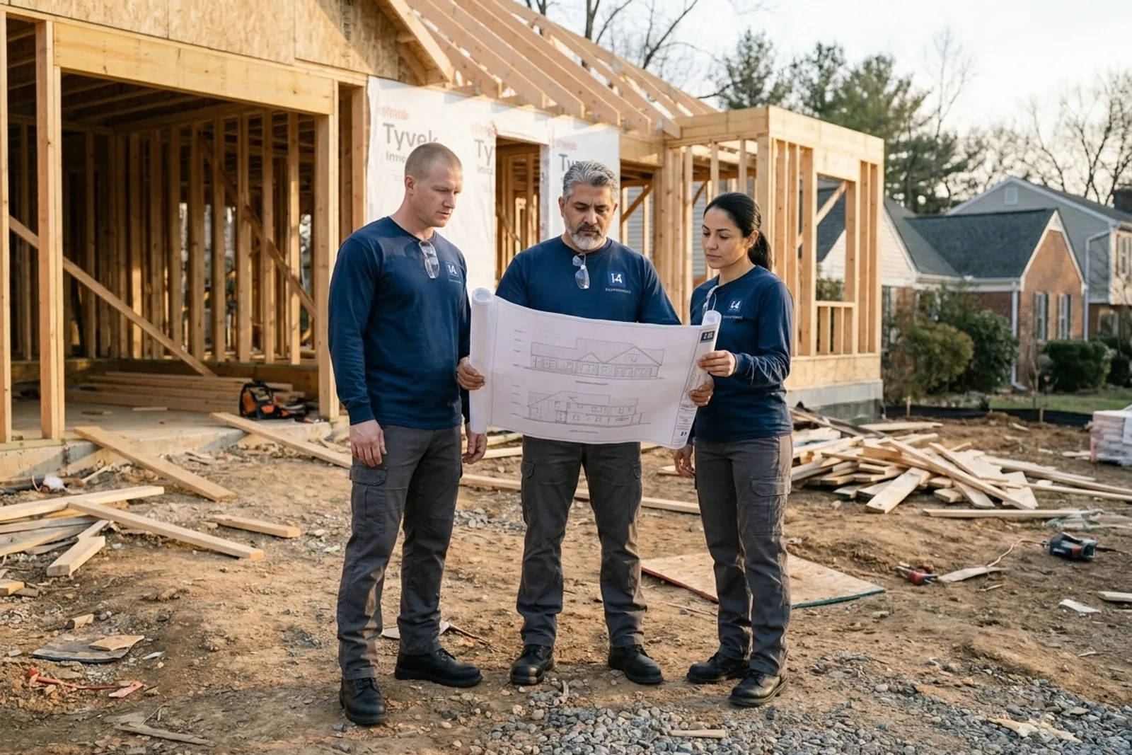 Custom home building — i4improvements team reviewing architectural drawings on a Northern Virginia new-build lot.