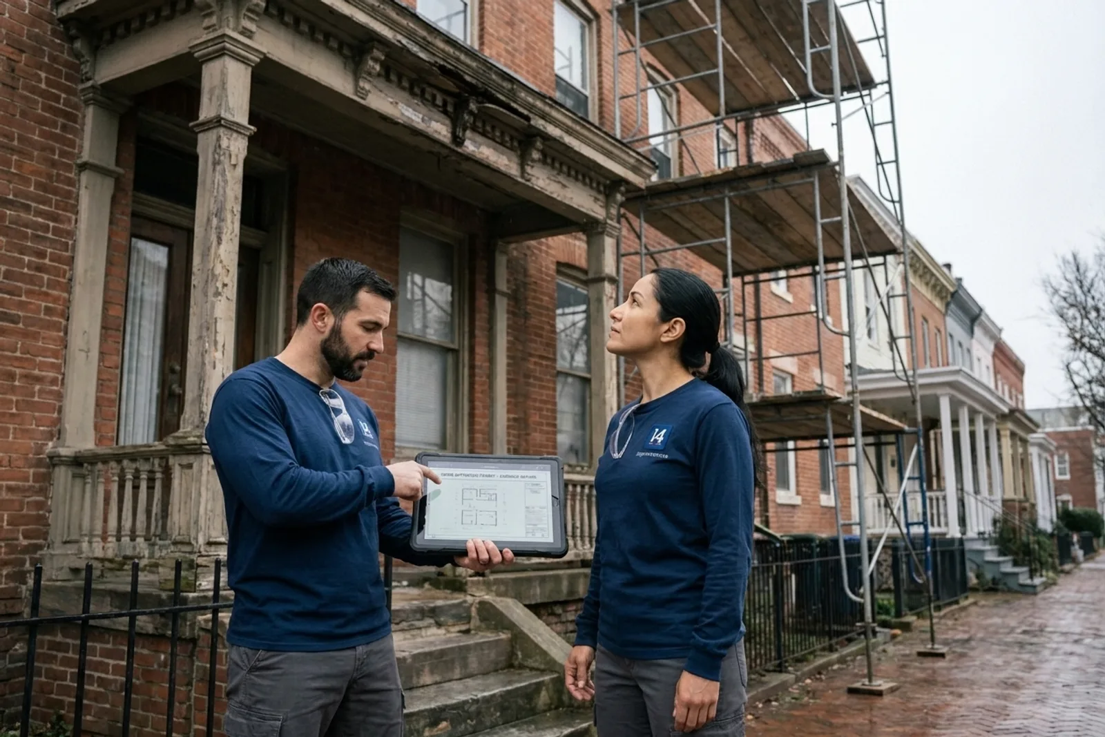i4improvements design-build crew reviewing an HPRB-approved renovation permit on a Capitol Hill rowhouse stoop.