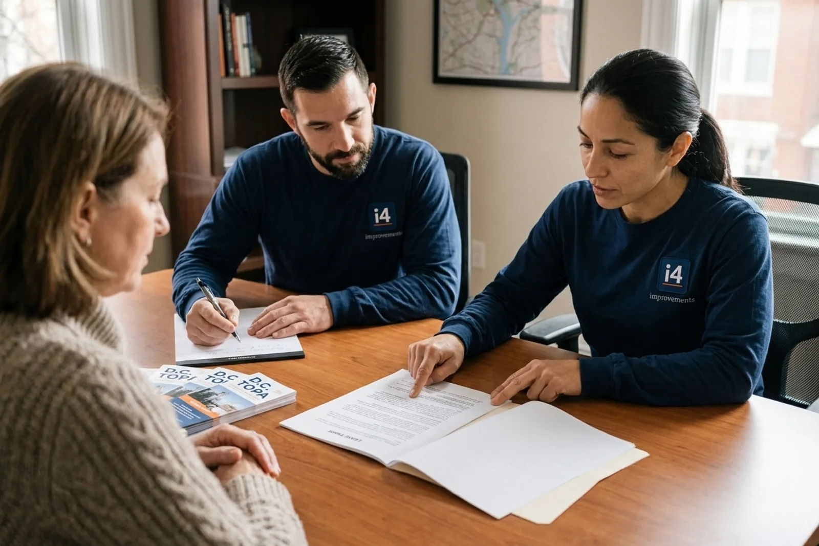Lease drafting and TOPA advisory — i4improvements team reviewing a printed lease with a D.C. property owner.