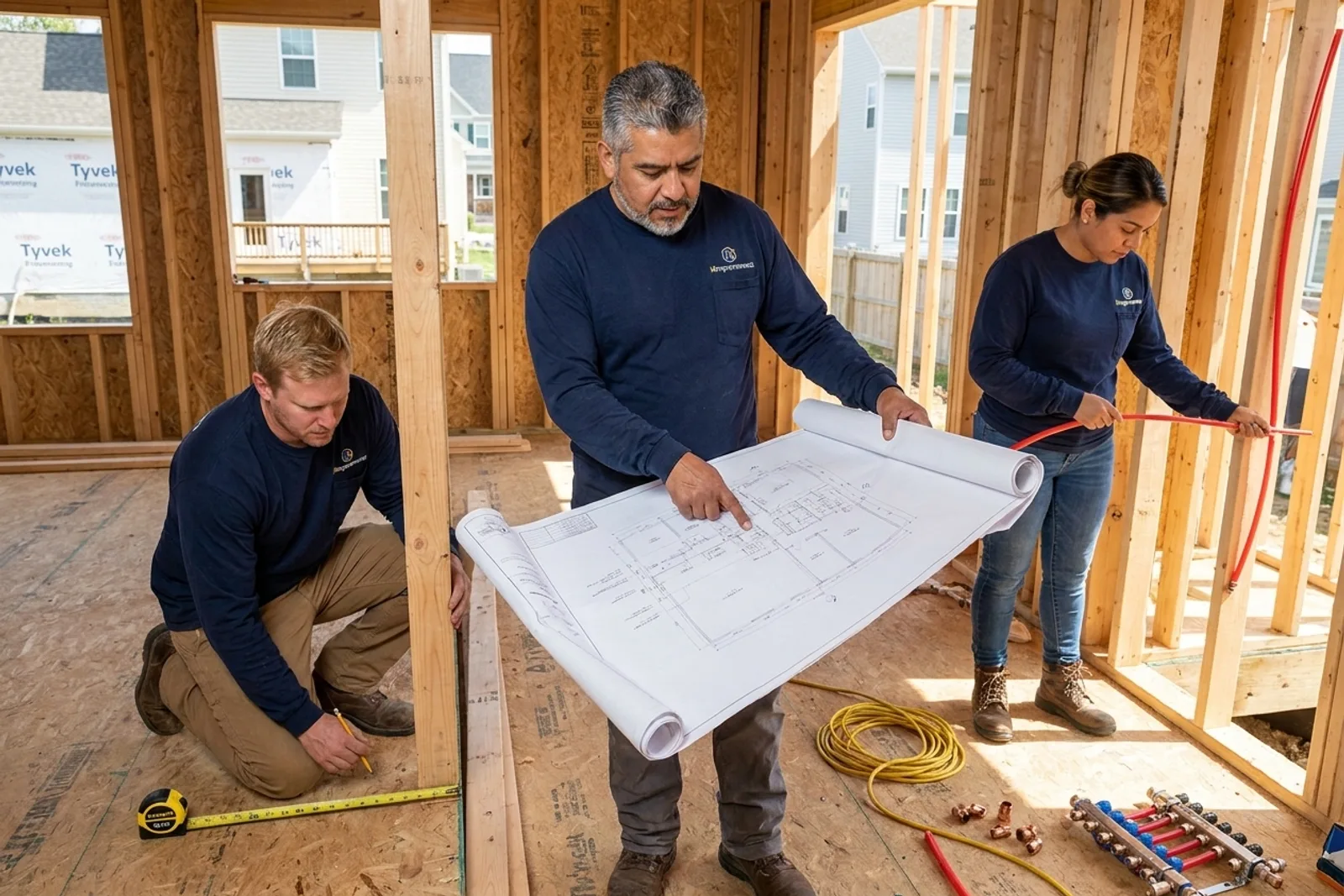 Custom construction plumbing — i4improvements technicians routing PEX through a framed wall on a D.C. new build.