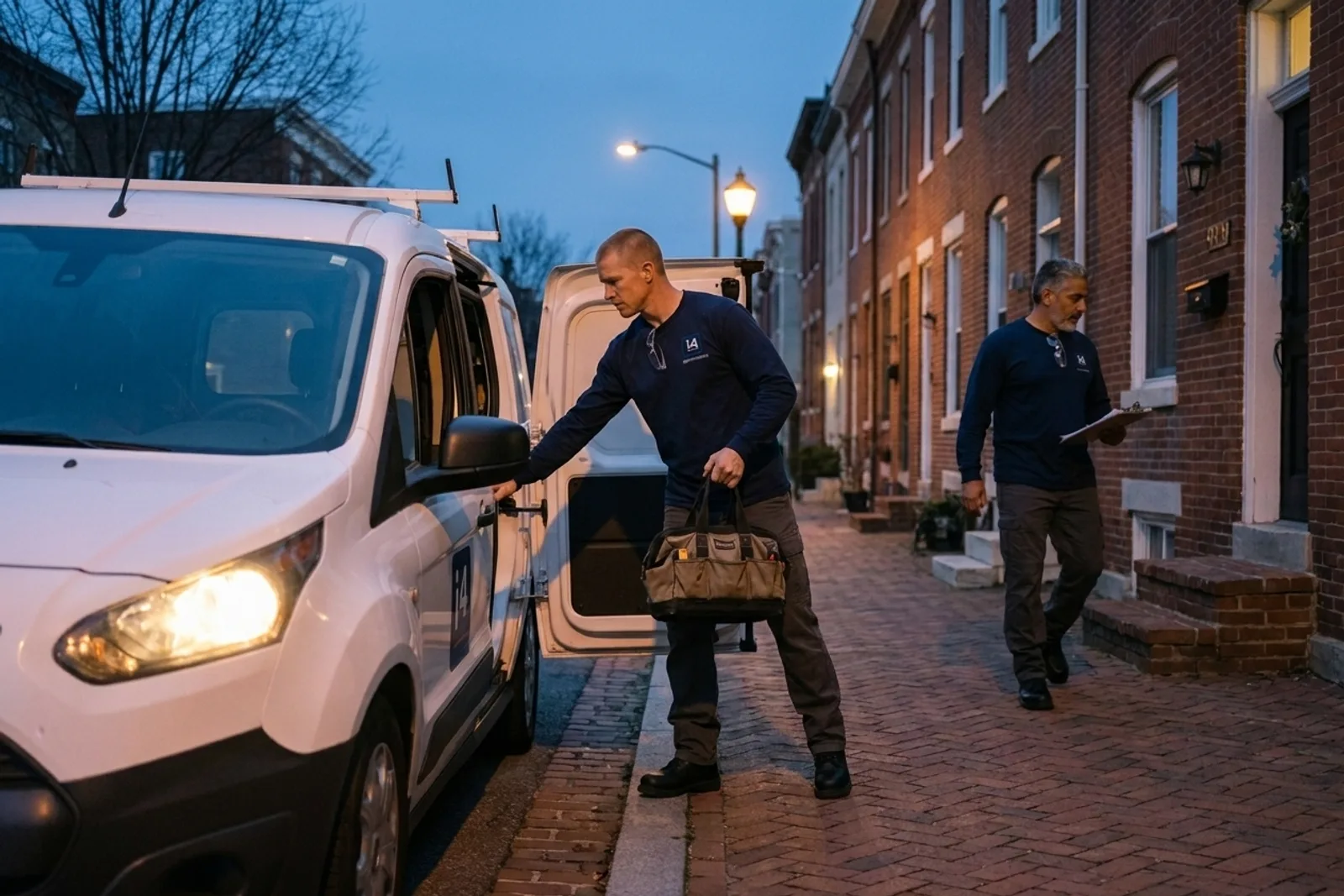 i4improvements service van arriving at a Washington D.C. residential rowhouse at dusk for an emergency dispatch.