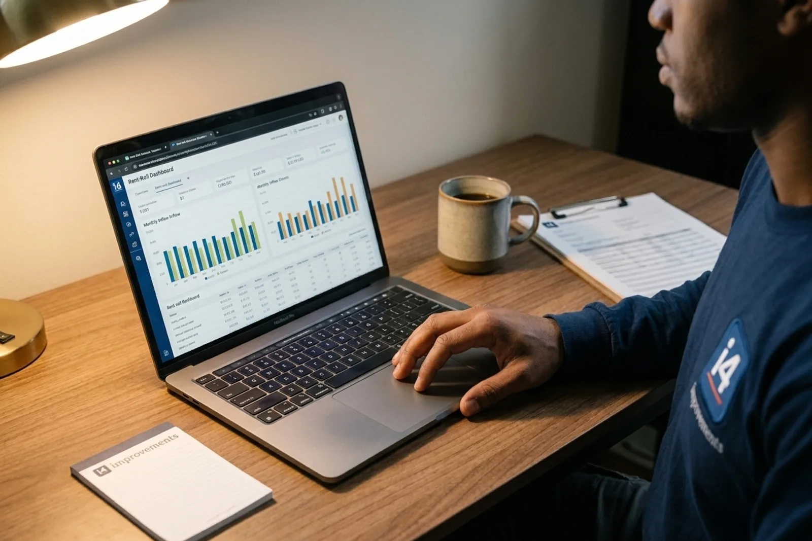Automated rent collection — i4improvements property manager reviewing a rent-roll dashboard on a desk laptop.