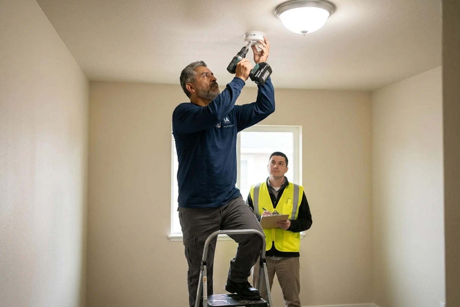 BBL rental make-ready — i4improvements technician installing a smoke detector in an empty D.C. rental unit for BBL inspection.