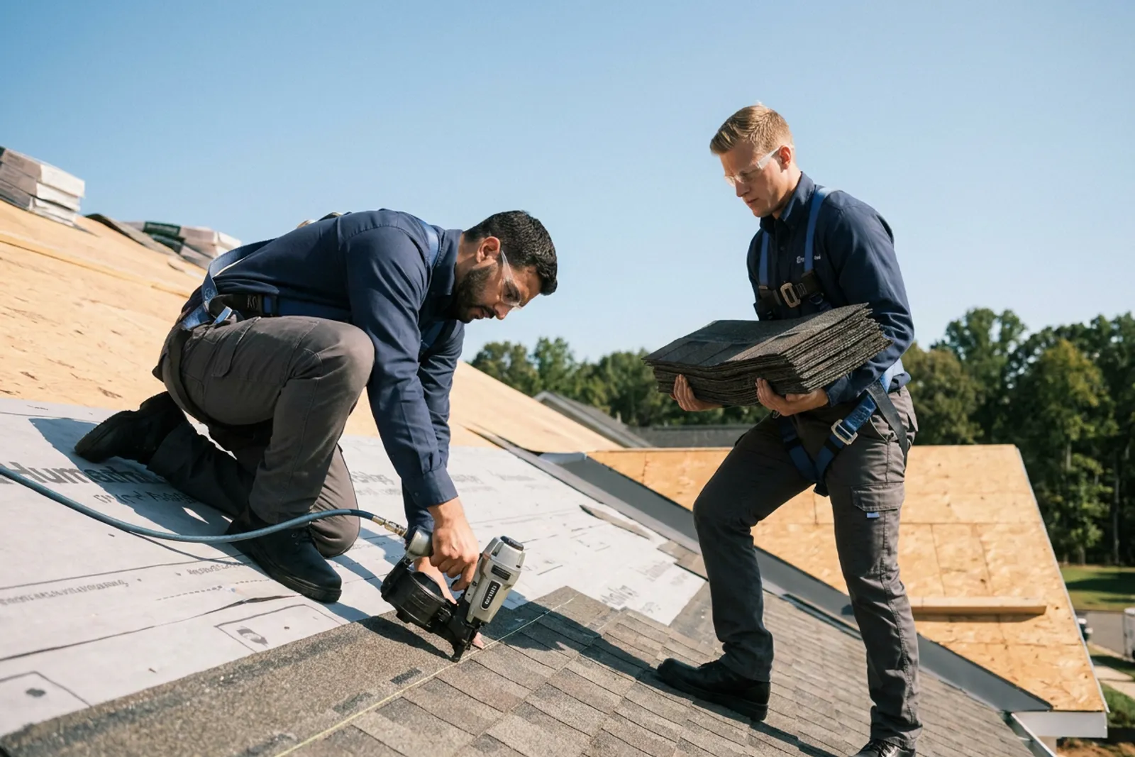 New roof installation — i4improvements technicians nailing architectural shingles over fresh underlayment on a Northern Virginia new build.