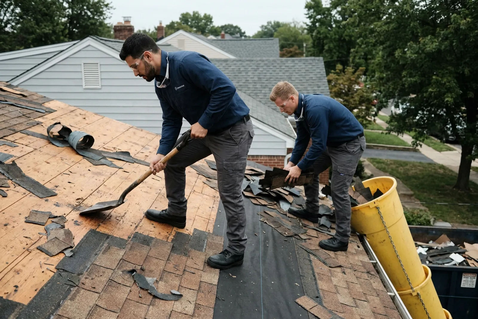 Roof replacement — i4improvements technicians tearing off old shingles down to the deck on an Arlington home, with a debris chute to the dumpster.