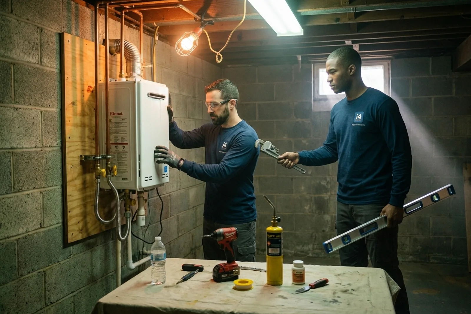 i4improvements technicians installing a tankless water heater in a Washington D.C. rowhouse basement.